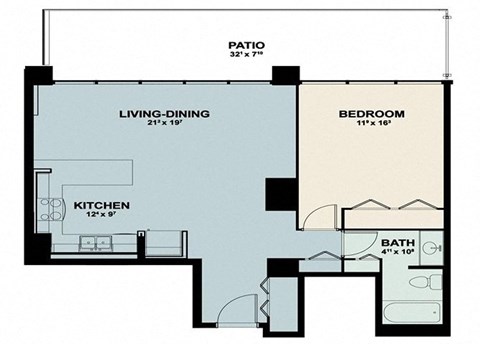 Floor plan for 1 bed, 1 bath, 780 sqft
